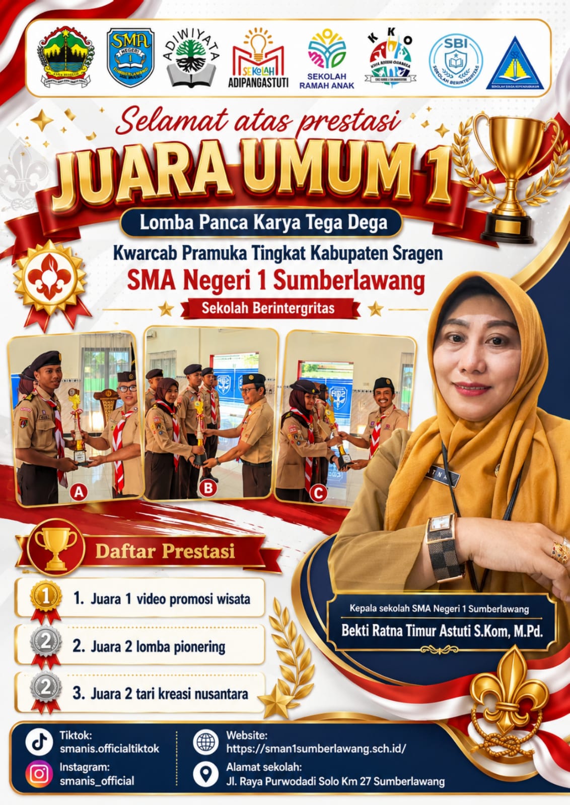 Tim Pramuka SMA Negeri 1 Sumberlawang berhasil meraih prestasi gemilang sebagai Juara Umum 1 pada Lomba Panca Karya Tega Dega Kwarcab Pramuka Tingkat Kabupaten Sragen!